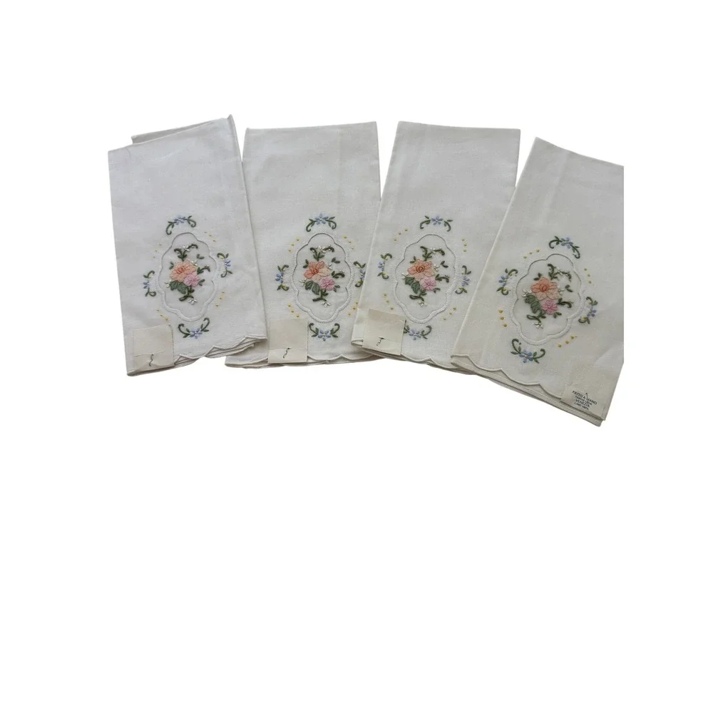 Handmade in Venice NOS Napkins/Hand Towels White Linen Floral Embroidered Set 4